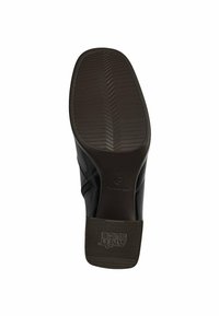Sole di scarpa in pelle nera con superficie in gomma testurizzata, caratterizzata da un motivo a zigzag e un logo del marchio in rilievo, che offre trazione e supporto.