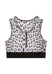Leopardmønstret crop top med lynlåsnakke, sort bånd med præget tekst, og en glat tekstur i hvide og grå nuancer.