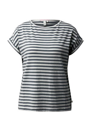 Damska koszulka z krótkim rękawem w poziome paski w kolorze granatowym i białym, z okrągłym dekoltem, prezentowana na białym tle.