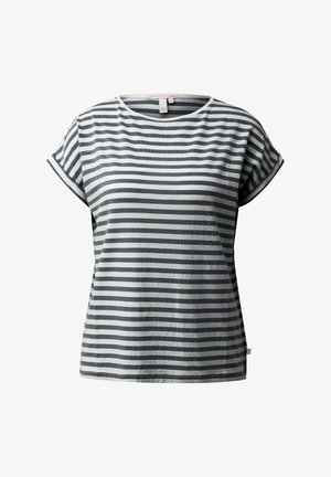 Damska koszulka z krótkim rękawem w poziome paski w kolorze granatowym i białym, z okrągłym dekoltem, prezentowana na białym tle.