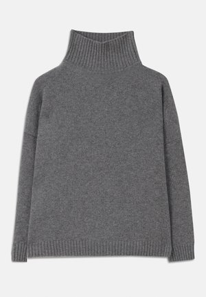 Pull à col roulé côtelé gris foncé avec des manches longues et un ourlet large en côtes, posé à plat sur un fond blanc.