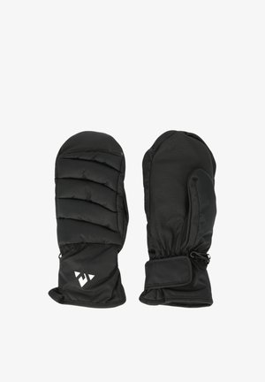 Zwarte geïsoleerde wanten met een gewatteerd ontwerp, elastische manchetten en een klittenbandsluiting. Bevat een klein wit logo op het polsgebied.