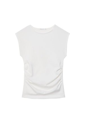 Weißes ärmelloses Oberteil mit rundem Halsausschnitt und dezenten seitlichen Raffungen, flach auf weißem Hintergrund ausgelegt.