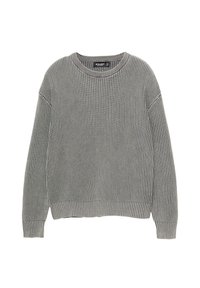Maglione a costine grigio con collo rotondo, maniche lunghe e vestibilità ampia. Tessuto testurizzato con sottili linee orizzontali e polsini a costine.