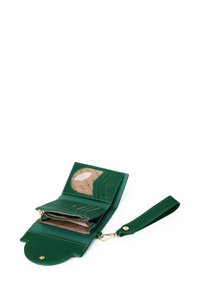 Green leather wallet with a zippered compartment, card slots, and a detachable wrist strap. Textured surface and gold hardware accents.