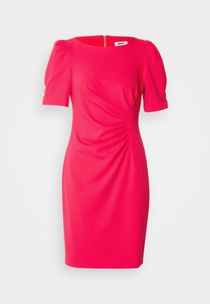 Fitted pink dress with short puff sleeves, side ruching detail, and a back zipper. Smooth texture with subtle sheen. Gold button accents on sleeves.