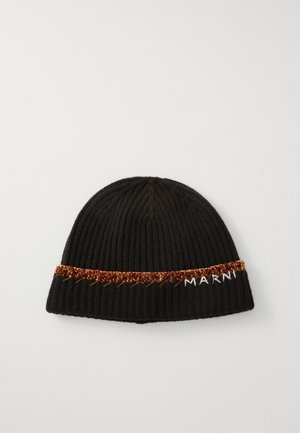 Black knitted beanie with ribbed texture, featuring an orange glittery band and white "MARNI" logo stitched on the front.