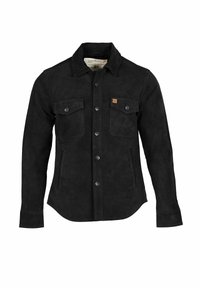 Fekete velúr dzseki gombos elülső r�ésszel, két mellzsebbel, oldalzsebekkel és hegyes gallérral. A mellrészen finom márkajelzés található.