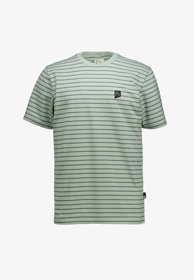 Lichtgroen T-shirt met korte mouwen, voorzien van dunne horizontale grijze strepen en een klein zwart logo op de linkerborst en zijnaden.
