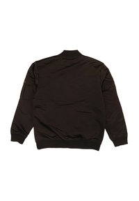 Schwarze, gesteppte Bomberjacke mit ribbeltem Kragen und Bündchen. Sie verfügt über eine Seitentasche am linken Ärmel und hat eine glatte Stofftextur.