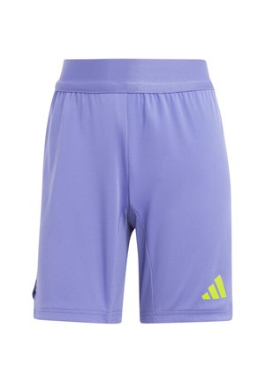 Purple athletic shorts made of lightweight fabric with an elastic waistband. Features a green accent triangle logo on the lower right side.