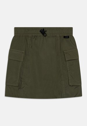 Olive zelena cargo krila, narejena iz lahkega blaga, z elastičnim pasom in vrvicami ter dvema stranskima žepoma.