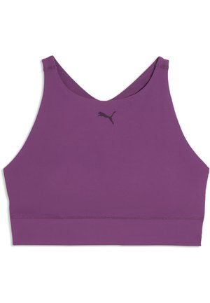 Fioletowy sportowy biustonosz z wysokim dekoltem i wąskimi ramiączkami, z małym czarnym logo Puma umieszczonym centralnie w pobliżu góry.
