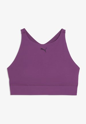 Brassière de sport violette avec un col montant et des bretelles étroites, avec un petit logo noir Puma centré près du haut.