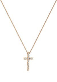 Halskette aus Roségold mit einem Kreuzanhänger, der mit klaren Kristallen verziert ist. Die Kette ist zart und hat ein gedrehtes Design.