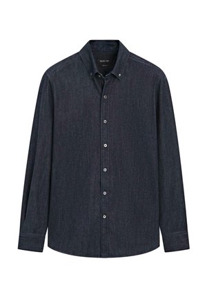 Donkerblauw denim overhemd met knoopsluiting onderkraag, lange mouwen en knoopsluiting aan de voorkant. Gemaakt van gestructureerde katoenen stof.