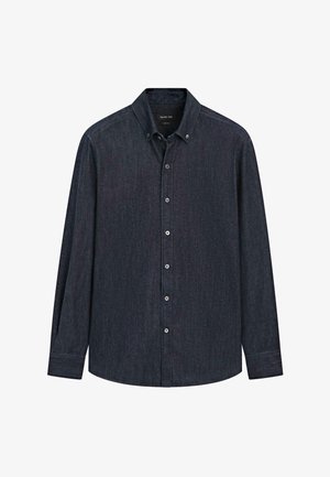 Camicia in denim blu scuro con colletto abbottonato, maniche lunghe e chiusura frontale con bottoni. Realizzata in tessuto di cotone strutturato.