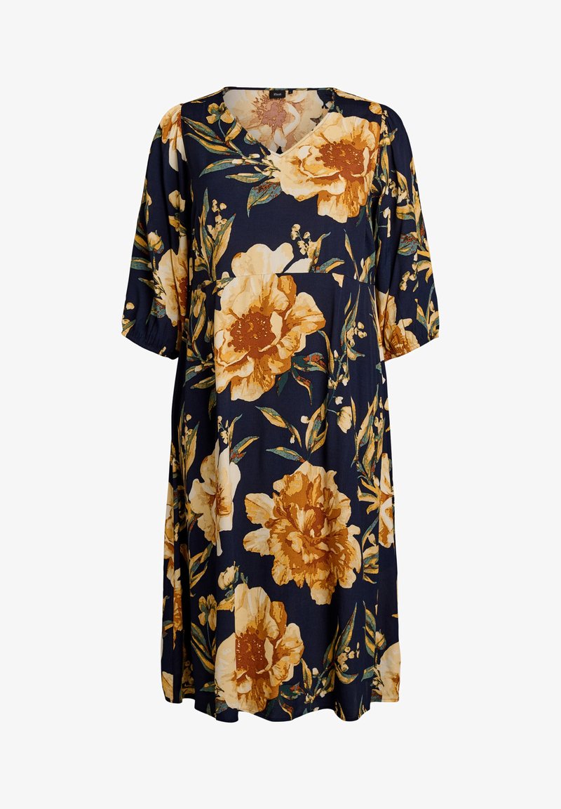 Mornarsko modra midikrilo z velikim rumenim in bež cvetličnim vzorcem, v-izrezom in napihnjenimi rokavi do komolcev z elastičnimi manšetami.