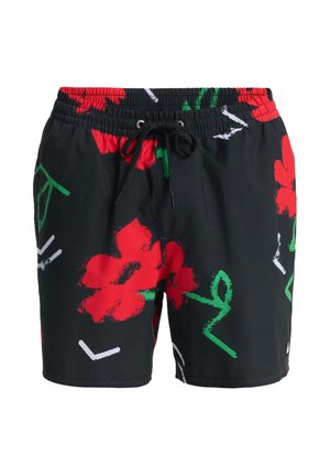 Shorts de bain noirs avec des motifs floraux rouges et des designs abstraits verts, dotés d'une ceinture élastique et d'un cordon de serrage réglable. Texture du matériau douce.