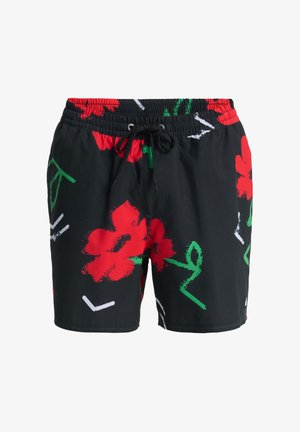Shorts de bain noirs avec des motifs floraux rouges et des designs abstraits verts, dotés d'une ceinture élastique et d'un cordon de serrage réglable. Texture du matériau douce.