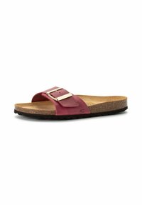 Sandale glissante en cuir bordeaux avec une large sangle et une boucle métallique, dotée d'une semelle en liège et d'une semelle en caoutchouc noir texturé.