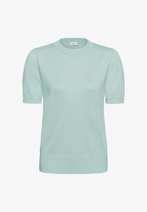 Pull vert menthe à manches courtes avec un col rond, des poignets côtelés et un ourlet droit. Fabriqué à partir d'un matériau en tricot léger et doux.