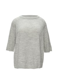 Helles graues Sweatshirt mit rundem Halsausschnitt und kurzen Ärmeln. Hergestellt aus weichem, strukturiertem Strickmaterial mit einer lässigen, kastigen Passform.