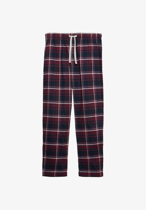 Dresowe spodnie w kratę w kolorze burgundowym, granatowym i białym, z elastycznym paskiem w talii i sznurkiem do regulacji oraz gładką bawełnianą tkaniną.