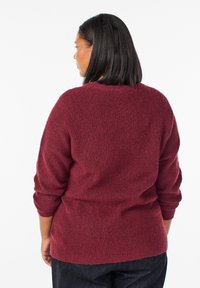 Nainen, jolla on olkapitkät mustat hiukset, pukeutuneena pitkähiharaiseen viininpunaisesta neulepaitoihin ja tummaan housuun, kääntyen pois valkoista taustaa vasten.