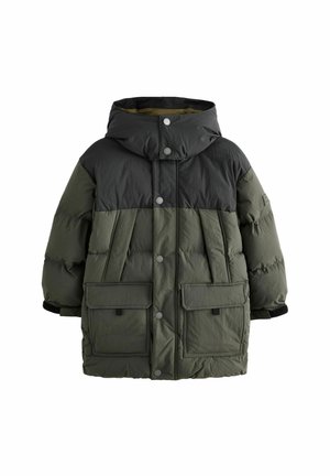 Daunenjacke in Dunkelgrün und Schwarz mit Kapuze, Druckknöpfen, zwei Fronttaschen und gestepptem Muster. Weiches, isoliertes Material.