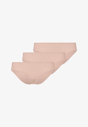 Trois culottes de bikini beiges sans couture pour femmes empilées, montrant les vues de face et de profil sur fond blanc.