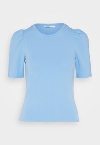 Světle modré tričko s krátkým rukávem vyrobené z hladké látky, s nadýchanými rukávy a kulatým výstřihem. Jednoduchý design bez vzorů.
