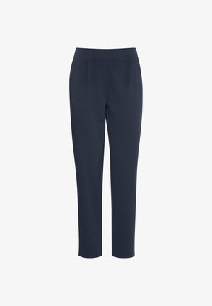 Temno plave hlače od mekog materijala, s krojem prilagođenim tijelu, prednjim plisovima, ravnim nogavicama i bez vidljivih metalnih dijelova ili uzoraka.