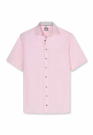 Hellrosa kurzärmeliges Hemd mit Knopfleiste, Brusttasche und gemustertem innerem Kragen, auf weißem Hintergrund dargestellt.