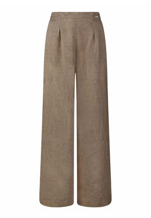Pantalon en lin marron taille haute, jambes larges, avec des plis devant et une petite étiquette métallique de la marque à la taille.