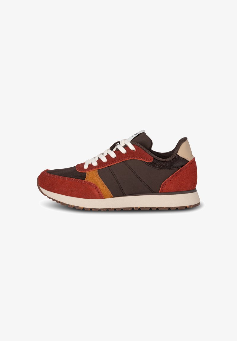 Brown and orange sneakers with suede and textile materials. Lace-up design, padded collar, textured accents, and rubber outsole.