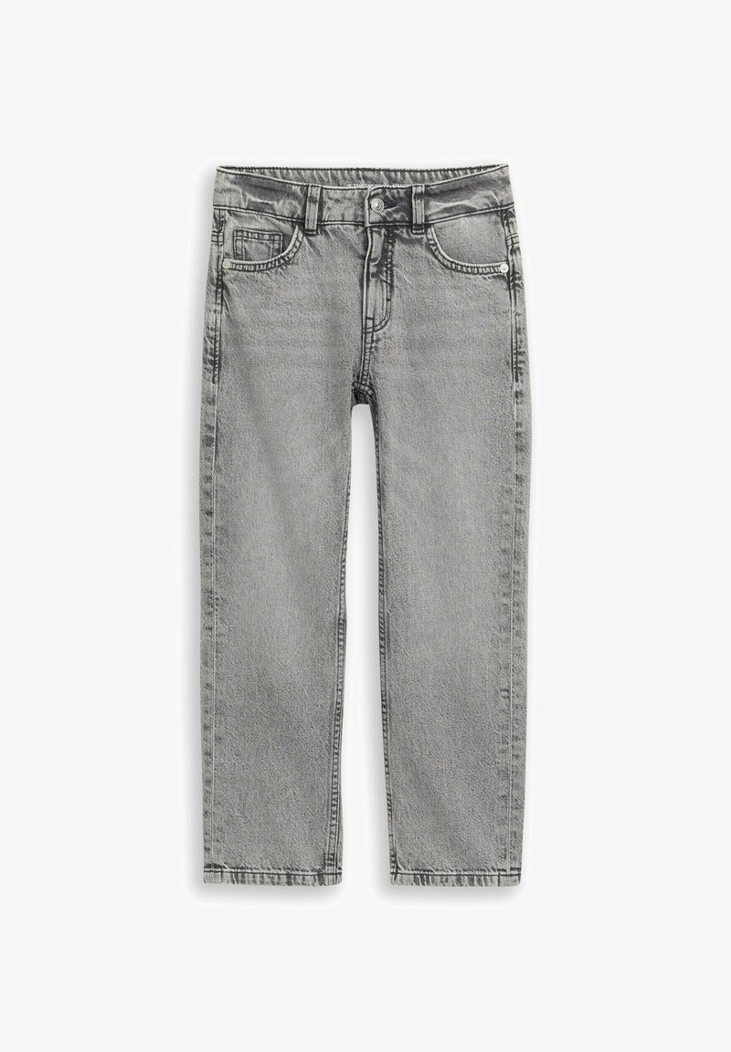 Jean denim gris à coupe droite avec fermeture à bouton et fermeture éclair, passants pour ceinture, et poches avant et arrière.