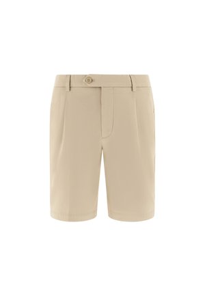 Beige, op maat gemaakte knielange short met knoopsluiting, riemlussen, zijzakken en een nette, formele uitstraling.