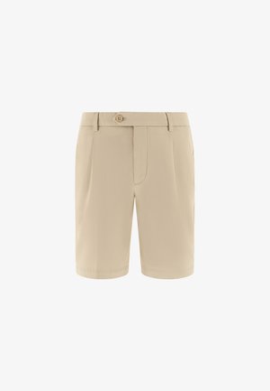 Beige, op maat gemaakte knielange short met knoopsluiting, riemlussen, zijzakken en een nette, formele uitstraling.