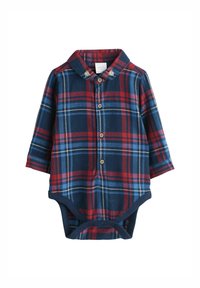 Czerwono-niebieski, kraciasty body z długim rękawem, kołnierzykiem, zapięciem na guziki oraz zatrzaskami na dole, wykonane z teksturowanej tkaniny.