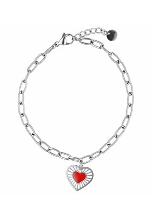 Silver chain bracelet with large oval links, featuring a red heart charm with a cutout design and a lobster clasp closure.