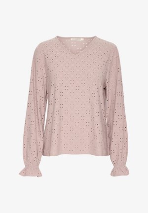 Light pink blouse with long sleeves, V-neck, and intricate embroidered pattern featuring cut-out details and gathered cuffs.