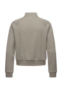 Light beige sweatshirt featuring a collar, ribbed cuffs, and hem, made from soft material with a simple, clean design and raglan sleeves.