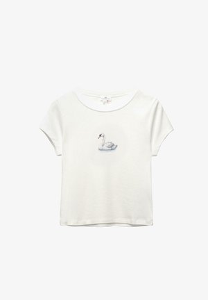 T-shirt court à manches courtes blanc avec un petit graphique détaillé d'un cygne centré sur la poitrine.