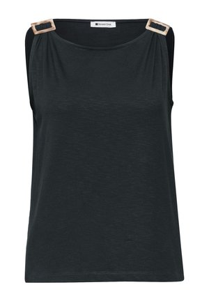 Czarny top bez rękawów z kwadratowym dekoltem i ozdobnymi beżowymi sprzączkami na każdym ramieniu, marka Street One.