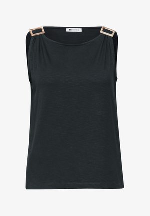 Czarny top bez rękawów z kwadratowym dekoltem i ozdobnymi beżowymi sprzączkami na każdym ramieniu, marka Street One.