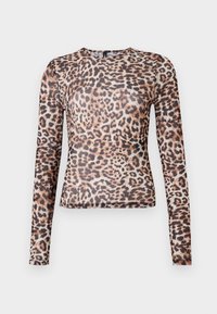 Leopardprint longoef top met een getailleerd ontwerp, een gladde textuur, ronde halslijn en lange mouwen in verschillende bruin- en crème tinten.