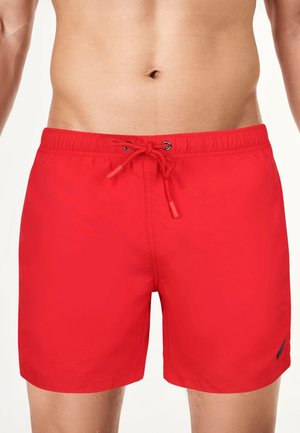 Rode zwembroek van een lichtgewicht stof, met een elastische tailleband en een trekkoord. Gladde textuur met een klein logo-accent.