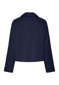 Veste courte bleu marine foncé avec manches longues, col large et dos lisse, présentée sur fond blanc.