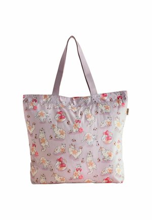 A lavender tote bag features playful cat illustrations in various poses, adorned with red bows and playful elements like yarn balls.